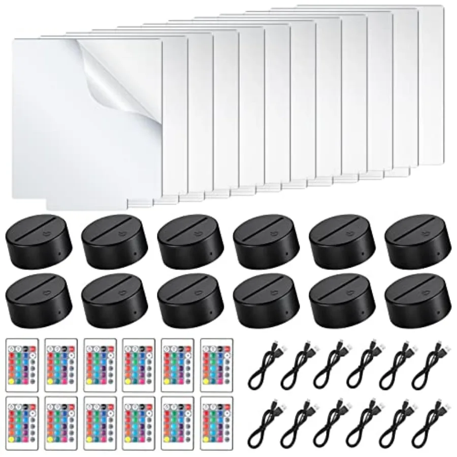 

48 Pcs/12 Sets Acrylic Night Lights Clear Acrylic Sheets and 3D Night LED Light Lamp Base with Remote Control USB Cable, DIY LE