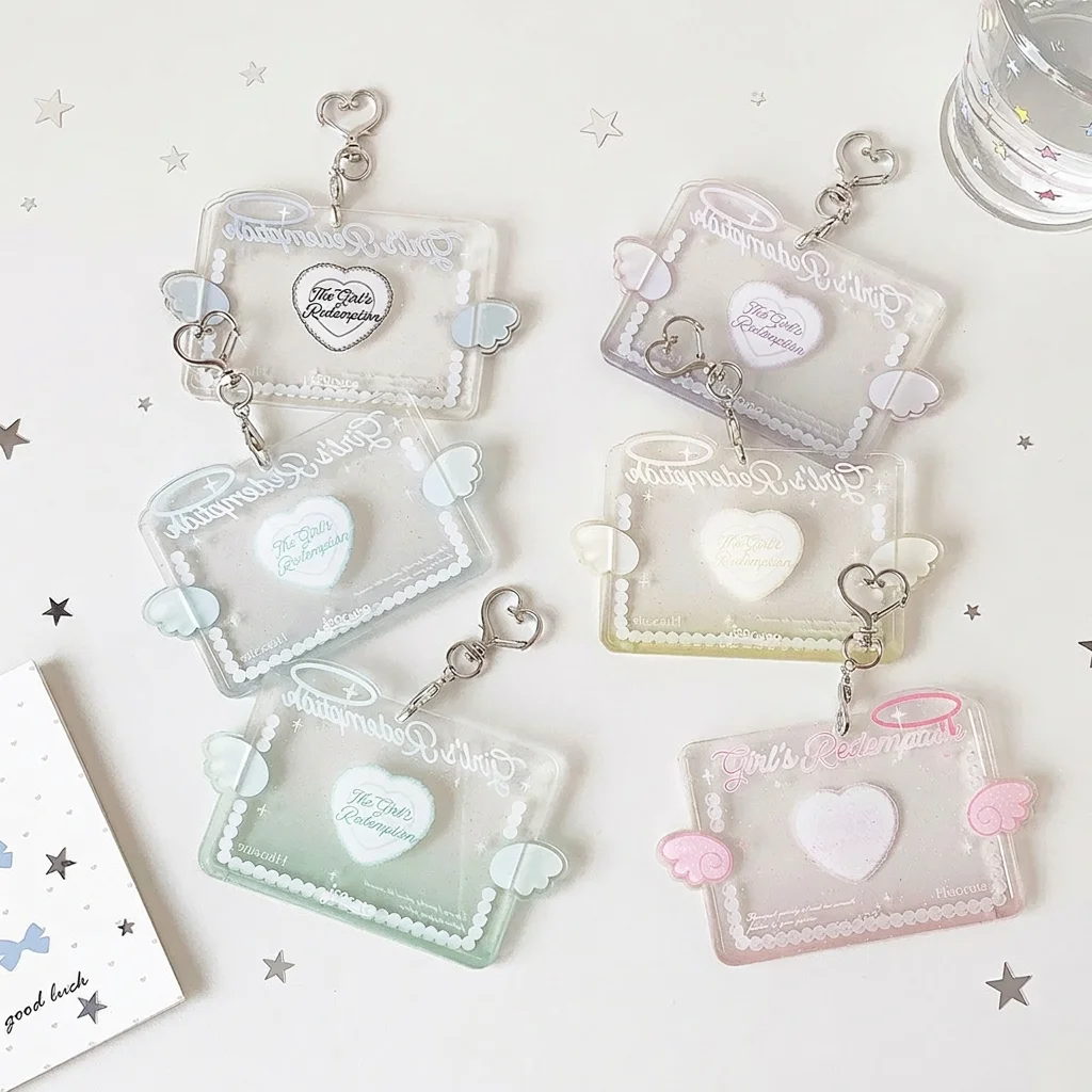 3 Inch Photo Protector Portable Acrylic Photocard Holder Angel Design Keychain Cute Photo Display Cover For Instant Photo Lovers