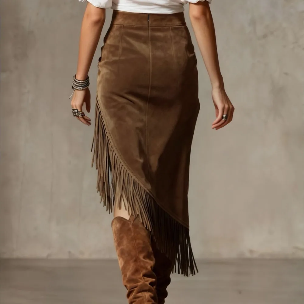 Retro New Skirt Elegant Fashionable Solid Color Loose Spring Summer Western Street Style Tassel Hem Irregular Tassel Suede Skirt