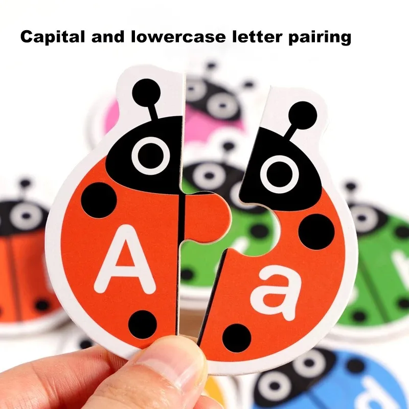 ;Wooden Ladybug Alphabet Matching Puzzle, Double Sided Cards, Words And Letters Learning Toy for Kids, Interactive Tabletop Game