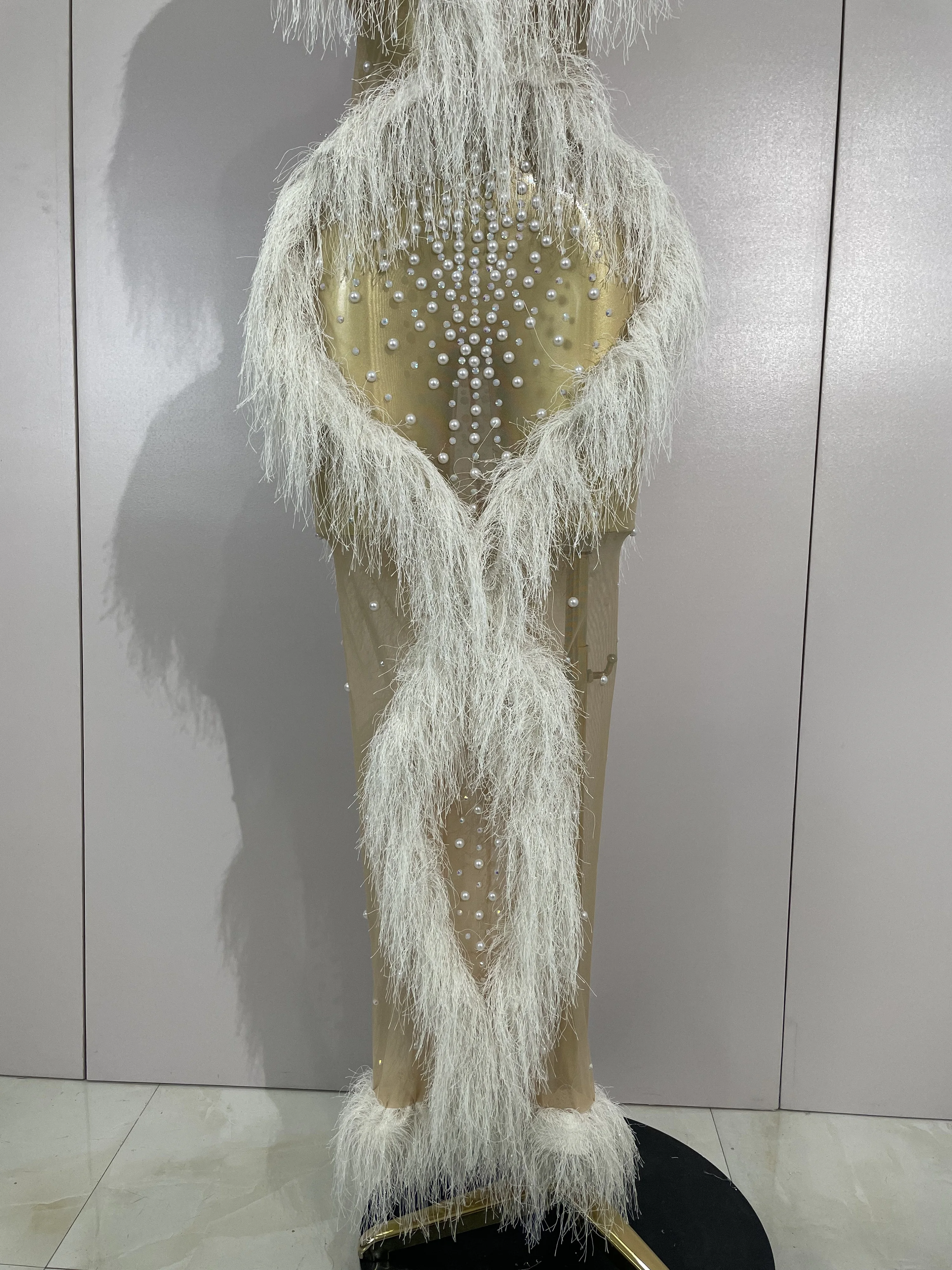 2026 New Sparkly Pearl Tassel Mesh See Through Long Dress Women Sexy Luxury Birthday Prom Party Nightclub Singer Stage Costume - Image 6