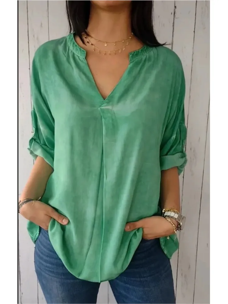 Spring Autumn Women Blouses Tops V-neck Half Sleeve Back Slit Design Pullover Tops 2024 Solid Color Regular Loose Fit Shirt Top