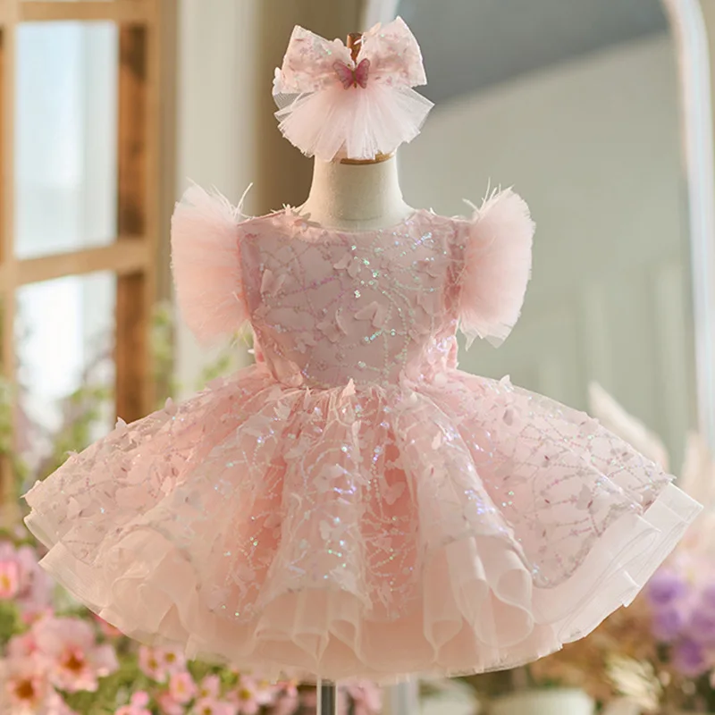 0-12 Year Old Baby Dress New Pearl Feather Birthday Party Fluffy Evening Dress Small Flying Sleeves Tulle Girl Princess Dress