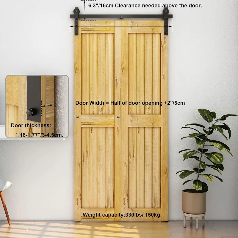 مجموعة أدوات باب الحظيرة المنزلقة ثنائية الطي مقاس 96 بوصة لبابين، تنزلق بسلاسة وهادئة، أسطوانة على شكل حرف J للمسار الأسود، بدون باب