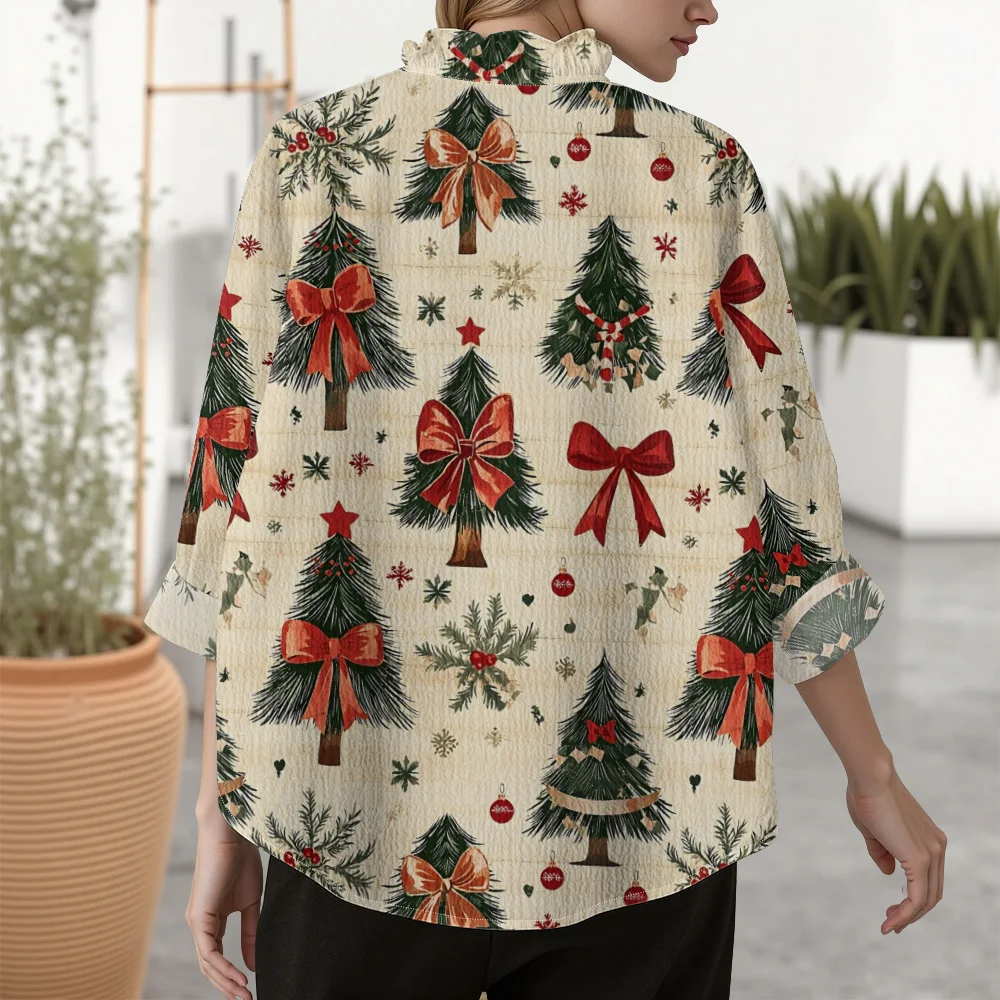 عيد الميلاد الحلو القوس طباعة المرأة بلوزة فقاعة كريب النسيج تكدرت طوق كم طويل أعلى لطيف جديد حزب ارتداء قميص أنيق #4