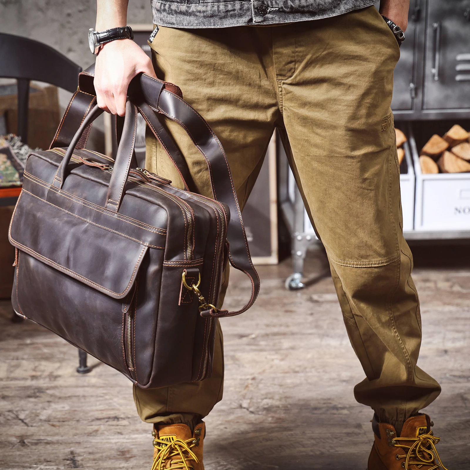 Vintage Echtleder Herren-Aktentasche 17" Laptop-Tasche, Messenger-Taschen für Arbeit und Business, Crazy Horse Rindsleder Handtasche – Detail 2