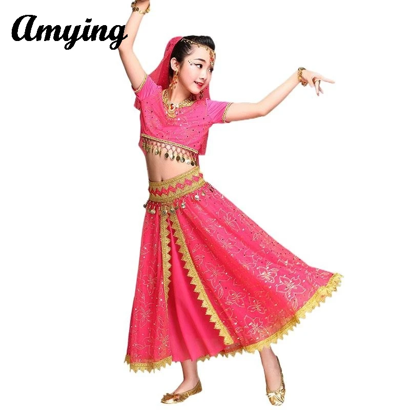 

New Indian Belly Dance Costume Set Children's Bollywood Sari Dress Girls Dance Practice Costumes Stage Performance Clothing