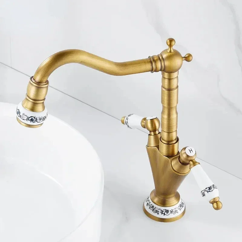 Antique Brass Basin Faucet Cold and Hot Retro Style Bathroom Mixer Faucet Single Hole Dual Handle Heighten Sink Mixer Tap