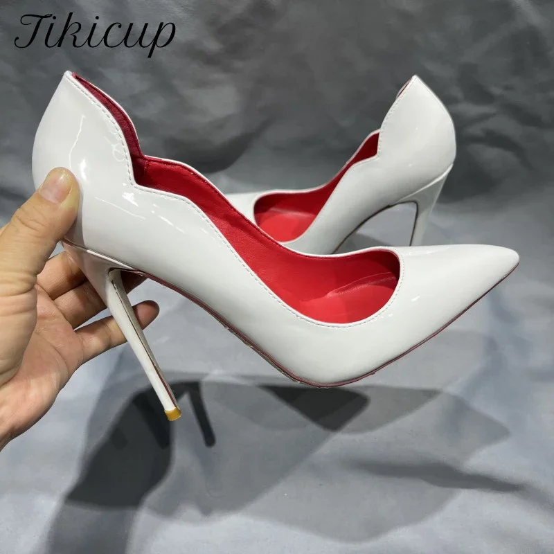 Tikicup Women White Patent Curl Cut Pointy Toe High Heels Elegant Dress Stiletto Pumps for Wedding Party Ladies Work Suit Shoes