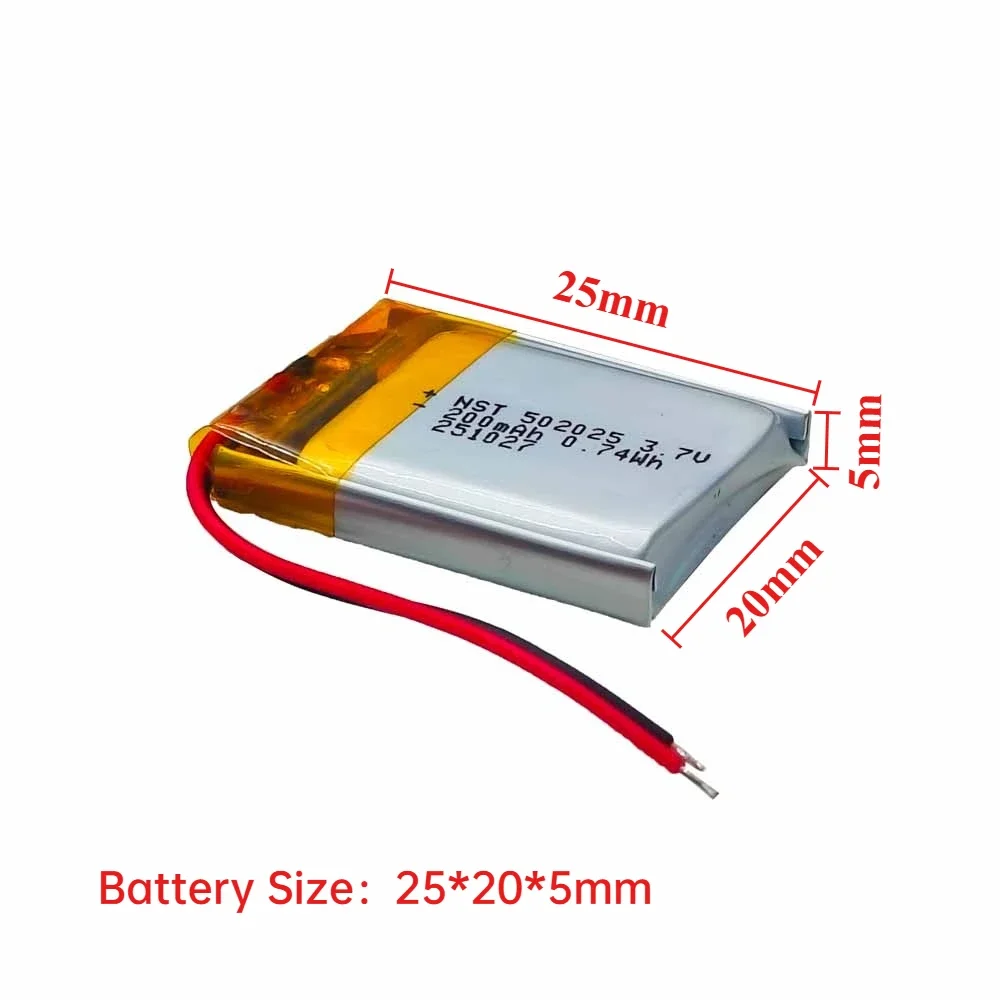 1-10PCS 502025 3.7V 200mAh Polymer Lithium LiPo Rechargeable Battery for Bluetooth Headset Beauty Instrument Selfie Stick Light