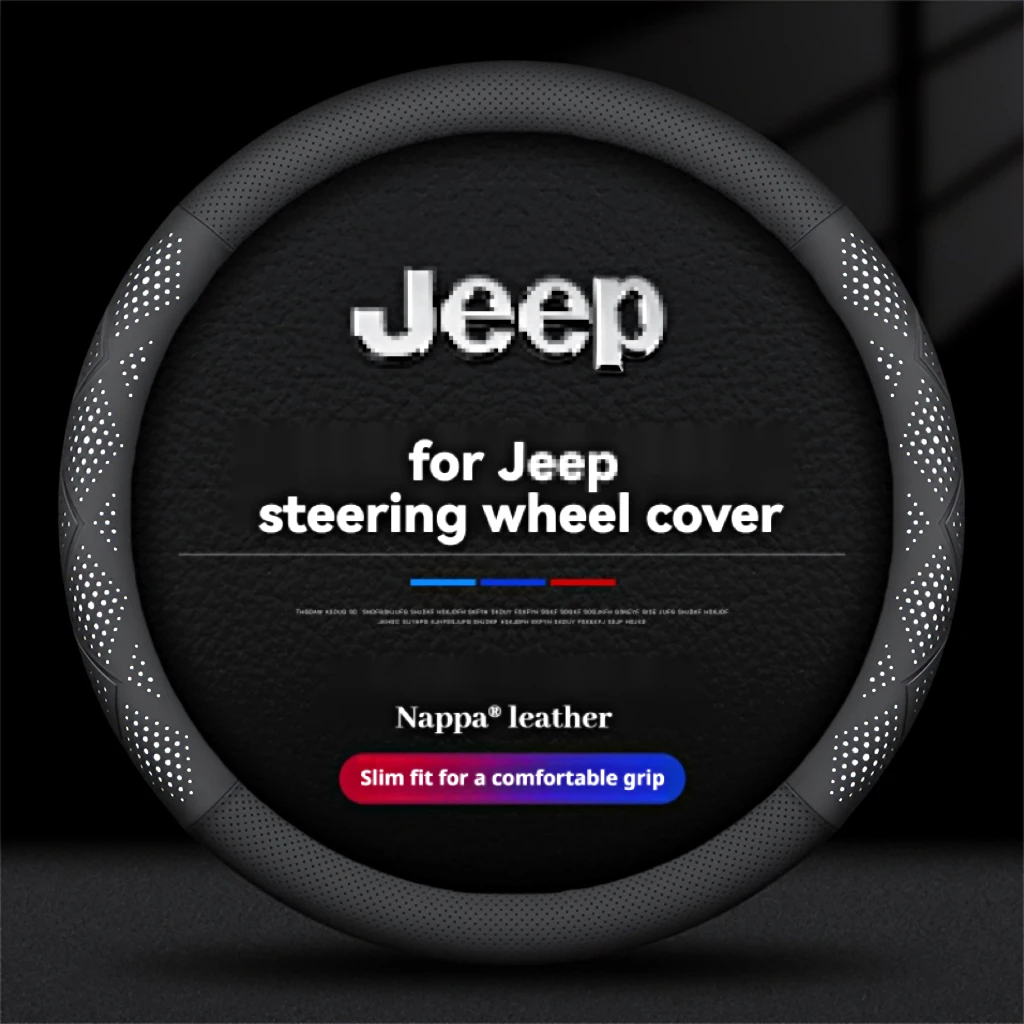 New Car Leather Steering Wheel Cover 38cm For Jeep Grand Cherokee XJ Renegade Compass Wrangler JK TJ Patriot SRT Trail Hawk ETC