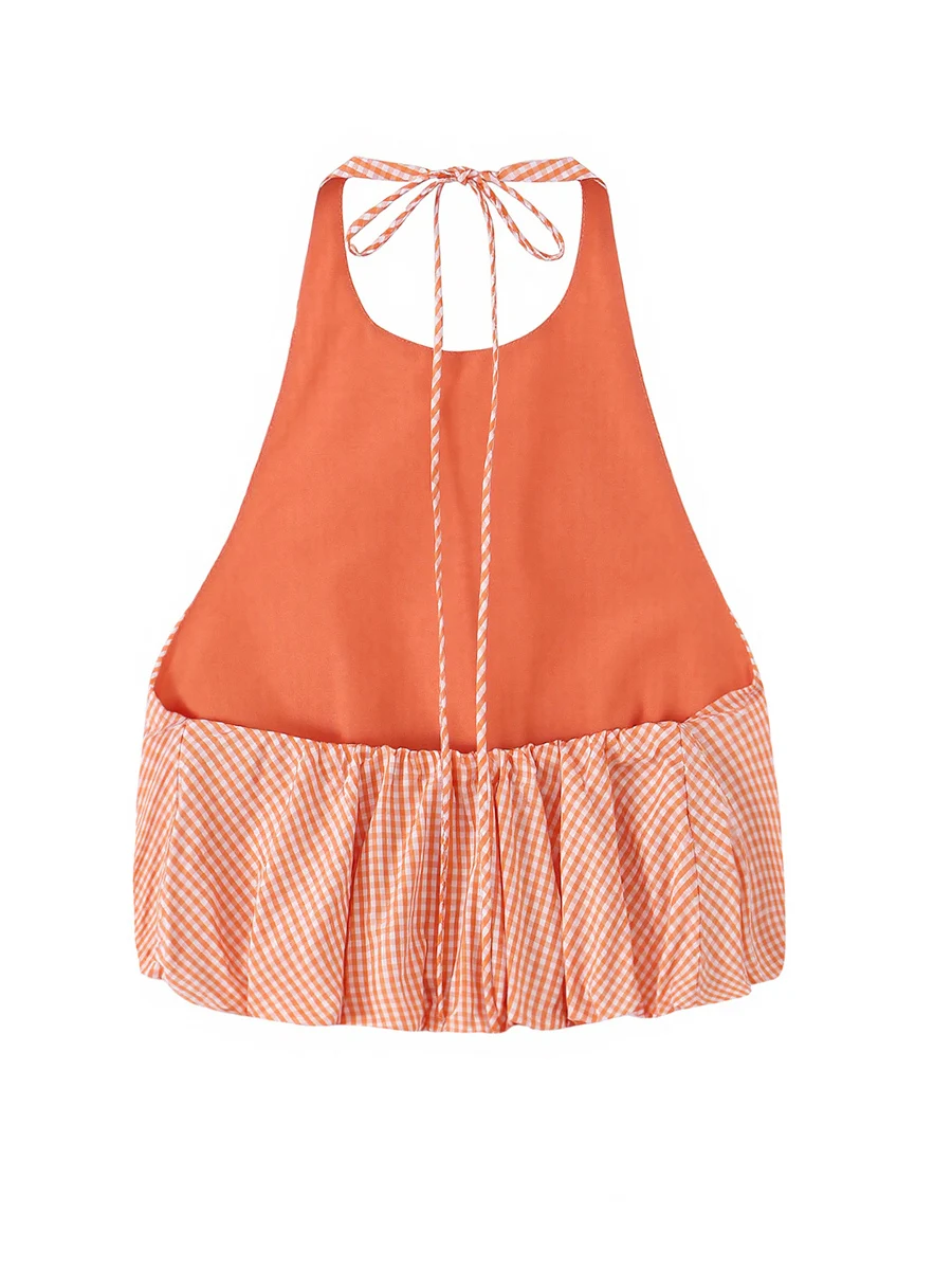 Women's Orange Plaid Neck Hanging Backless Short Top Summer Cool Breeze Style Loose Fit Polyester U-neck Vest Fashionable