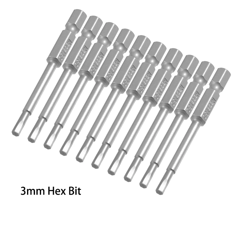 10pcs 65mm Long Hexagon Hex Screwdriver Bits 3mm Hex Bit Magnetic Tip 1/4\