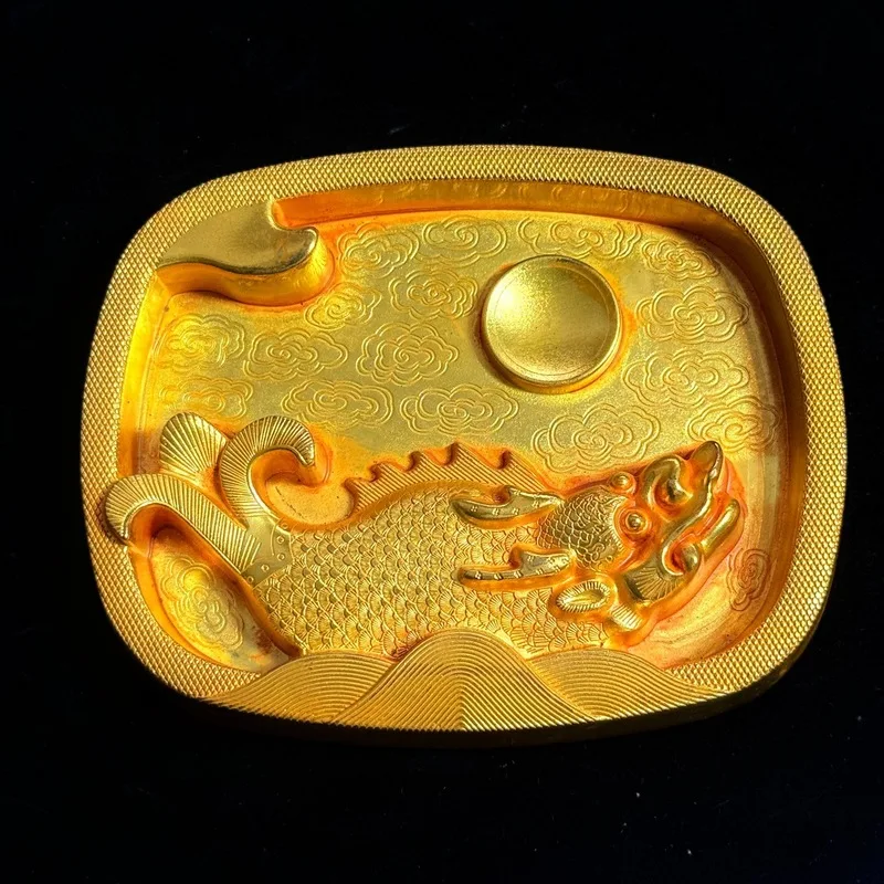 Antique bronze fish-shaped inkstone Carved dragon playing with a pearl and auspicious cloud pattern calligraphy tools, study and