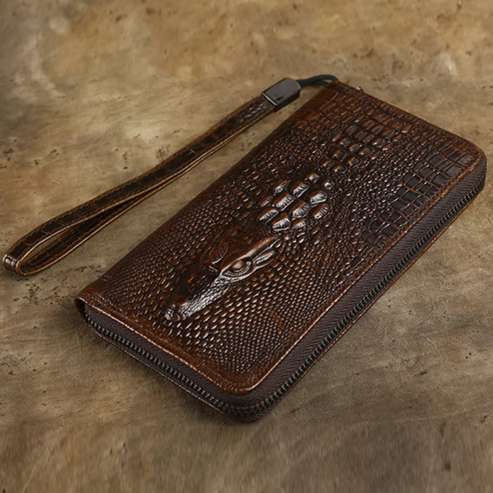 Men Long Wallet Clutch Bag Purse Genuine Leather Crocodile Pattern Credit ID Card Holder Pocket Male Money Wrist Handy Bag Purse