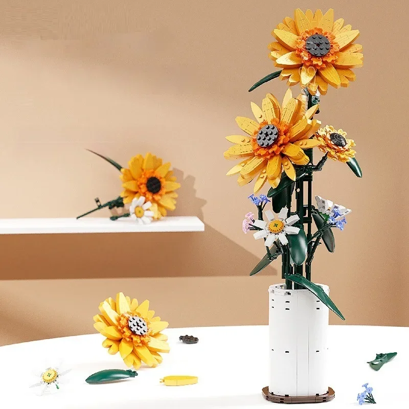 Sonnenblume Topf Haus Dekoration Moc Ziegel Spielzeug Blumen Pflanzen Bausteine Modell DIY kreative Geschenke für Kinder Mädchen Jungen