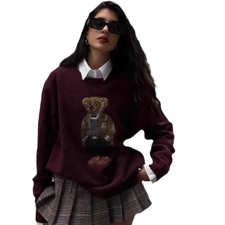 Trui in Amerikaanse collegestijl, damestop met ronde hals en berenborduurwerk, retro prestige trui, chique herfstgebreide kleding