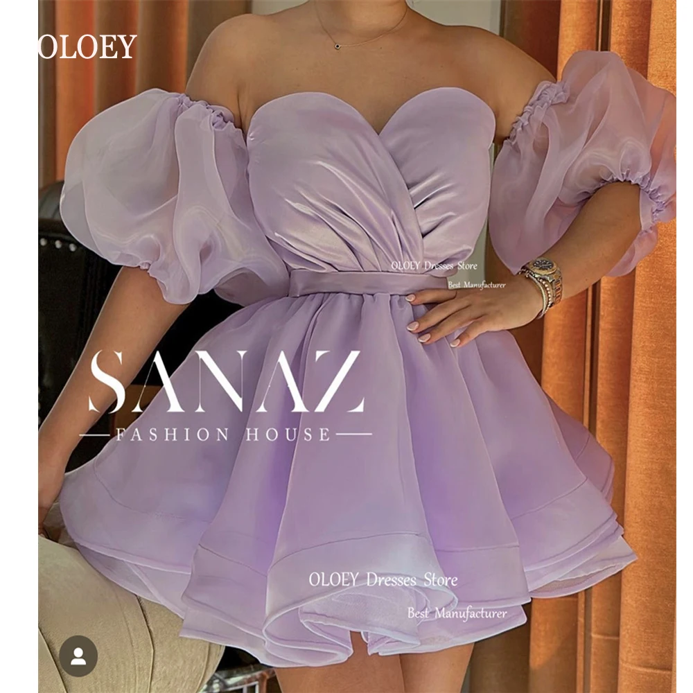 

OLOEY Elegant Viovet Short Prom Party Dresses Puff Short Sleeves Silk Organza Cocktail Dress Mini Homecoming Event Gowns