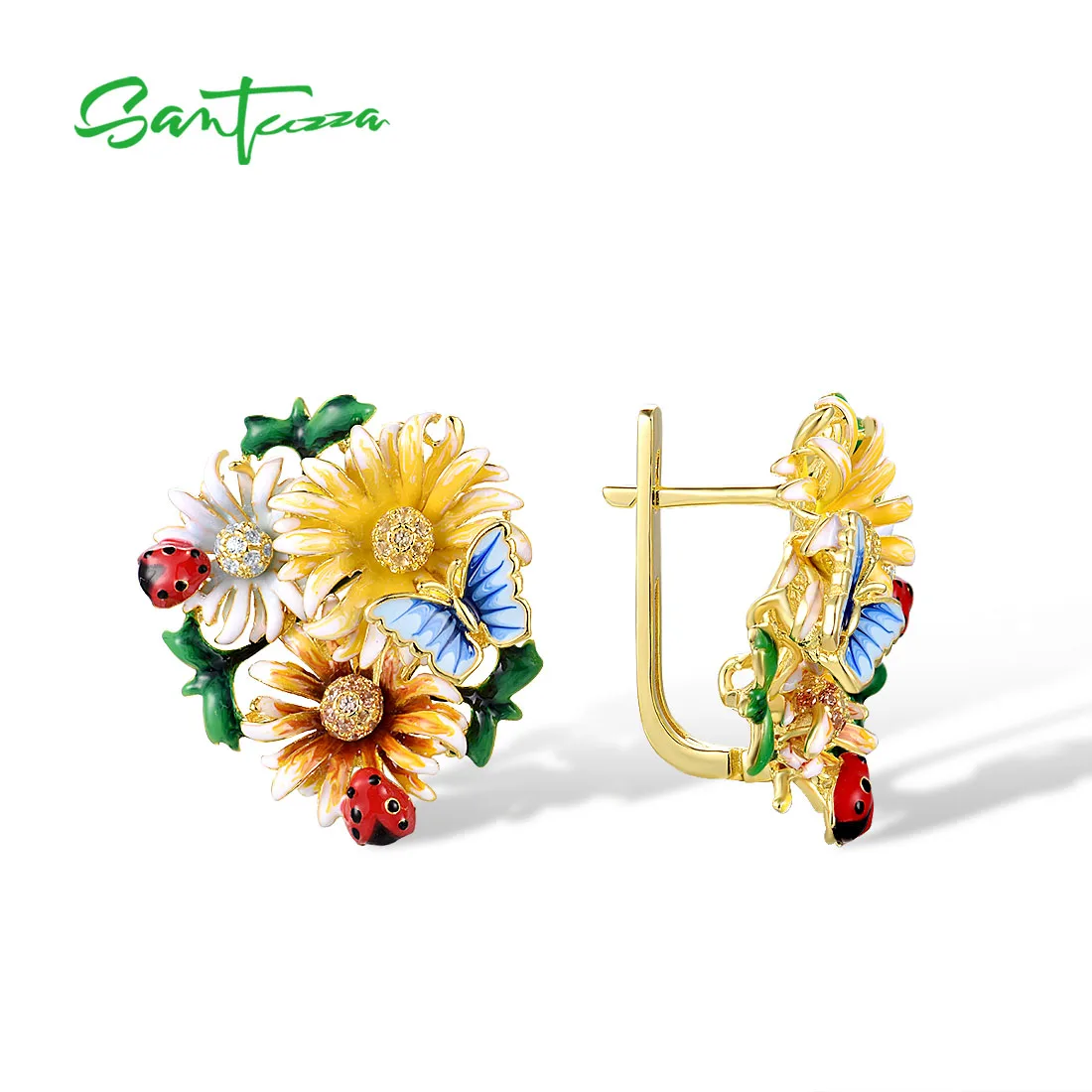 SANTUZZA 925 Genuine Sterling Silver Earrings For Women Yellow Stones Champagne CZ  Flower Cluster Butterfly Fine Jewelry Enamel