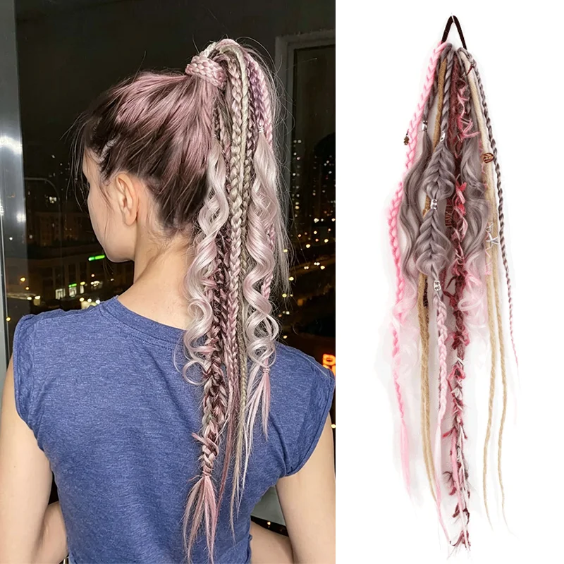Handmade Bohemian Long Brown Dreadlock Ponytail Clip-in Synthetic Braided Hair Extension with Decorative Elements