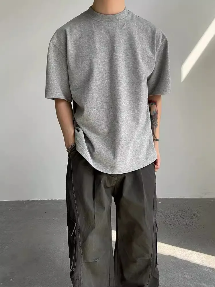Cleanfit Light Grey Short Sleeve round Neck Men's T-shirt Rigorous American Retro Style Summer Fashionable Standard Fit Tee
