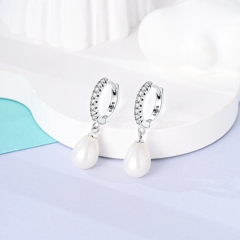 925 Sterling Silver Sparkling Water Drop Pearl Hoop Earrings For Women Luxury Birthday Anniversary Jewelry Gifts