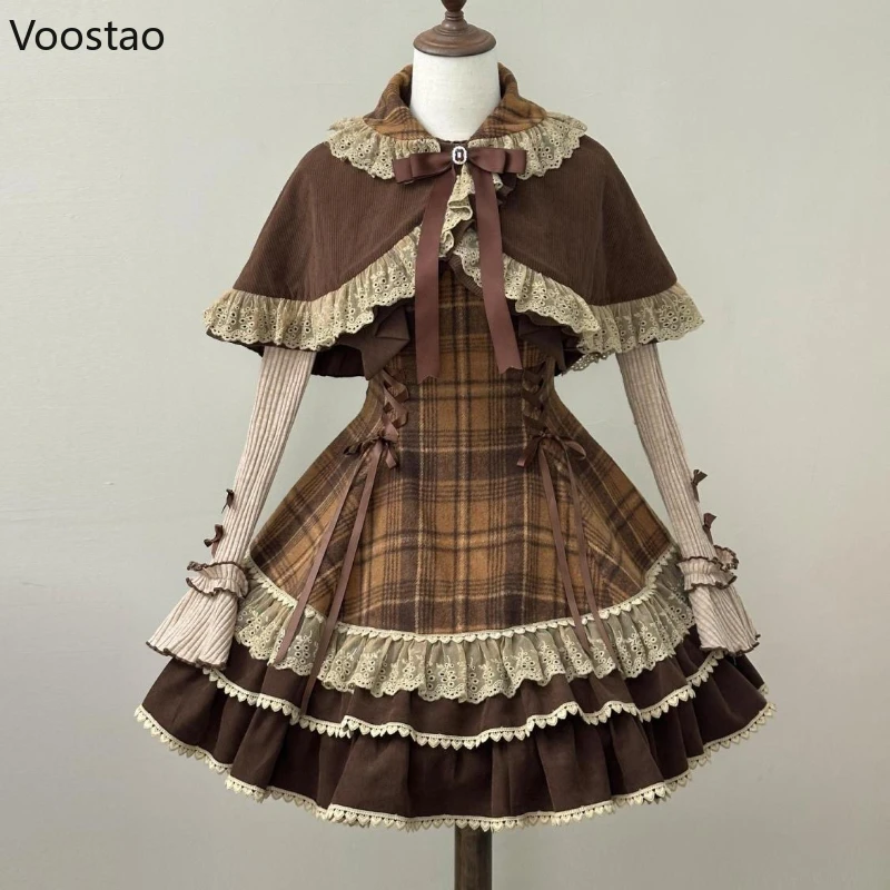 

Японский милый комплект в стиле Лолиты из 3-х предметов, женский милый кружевной плащ с бантом Питера Пэна, плащ, топ, клетчатое мини-платье, корейский костюм Harajuku Y2k