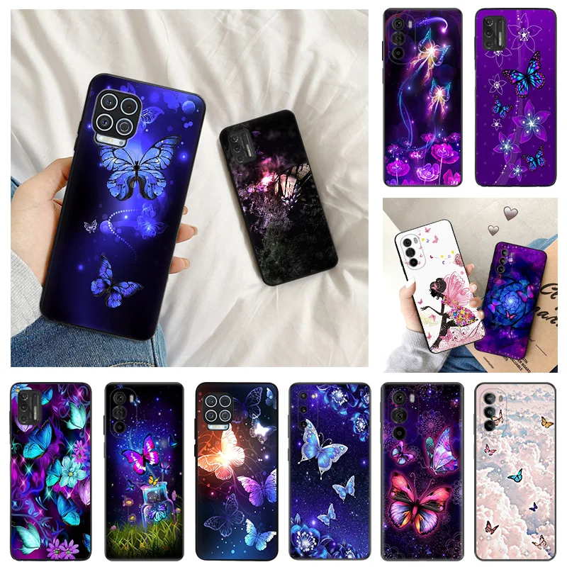 Ultra Thin Black Phone Case for Motorola G9 Edge 20 30 40 G50 G51 G60 G71 G22 G32 G52 G72 G53 G73 Night Flower Butterfly Cover