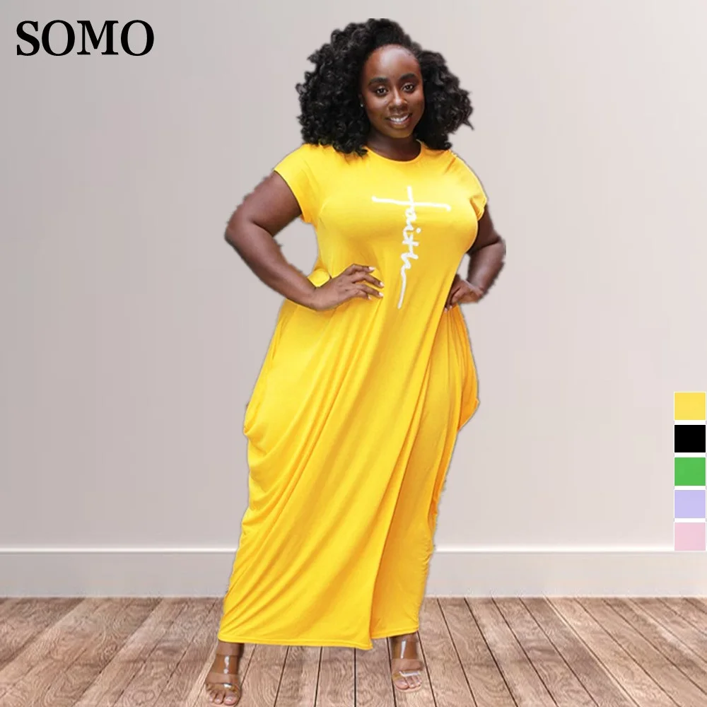 Groothandel Dropshipping Plus Size Jurken Elegante 4xl 5xl Effen Kleur Ronde Hals Korte Mouwen Onregelmatige Losse Vrouwen Lange Jurk