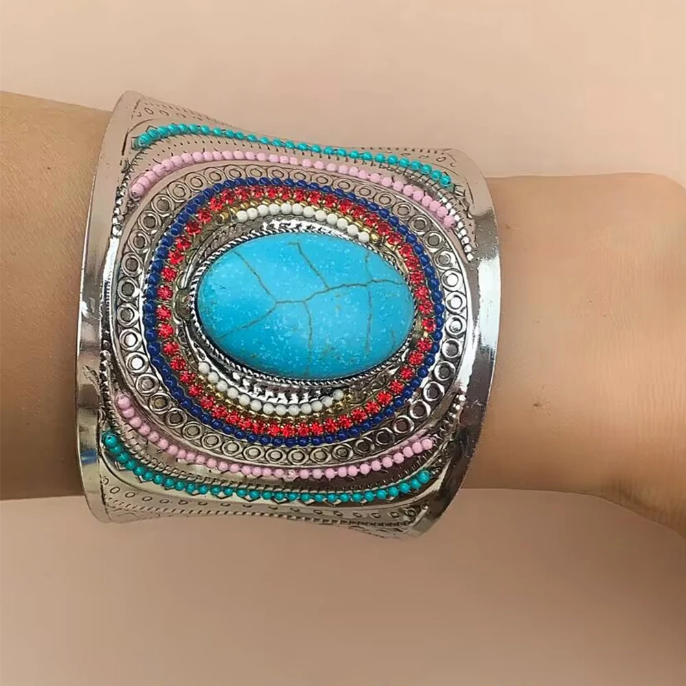 Vntage Antique Silver Color Unique Bohemian Wide Cuff Bangle Men Women Big Stone Glass Metal Colourful Beads Ethnic Bangles