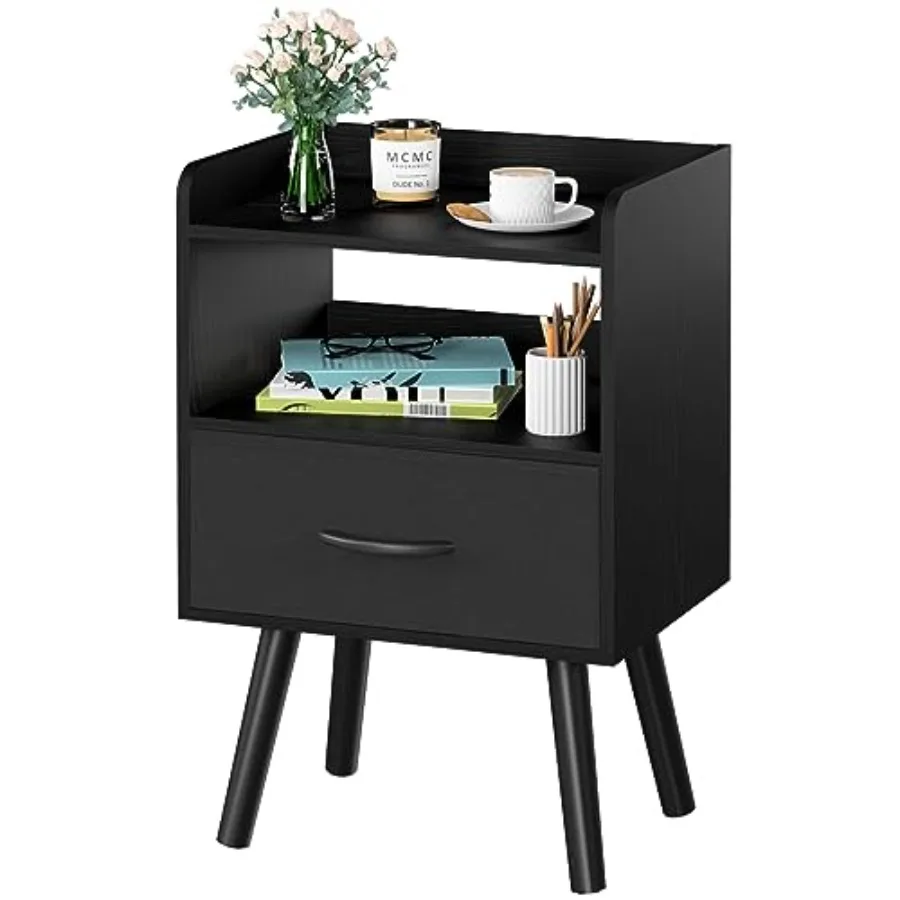 

Night Stand with Fabric Drawer, Modern Nightstand, Bedside Tables, Mid Century Nightstands with Open Storage Shelf, Wood Bedsid