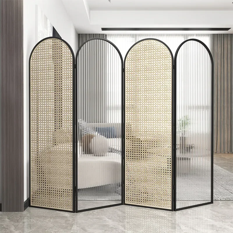 Light Luxury Folding Movable Wrought‑Iron Rattan Screen Modern Simple Glass Partition Decorative Divider for Living Room Entrywa