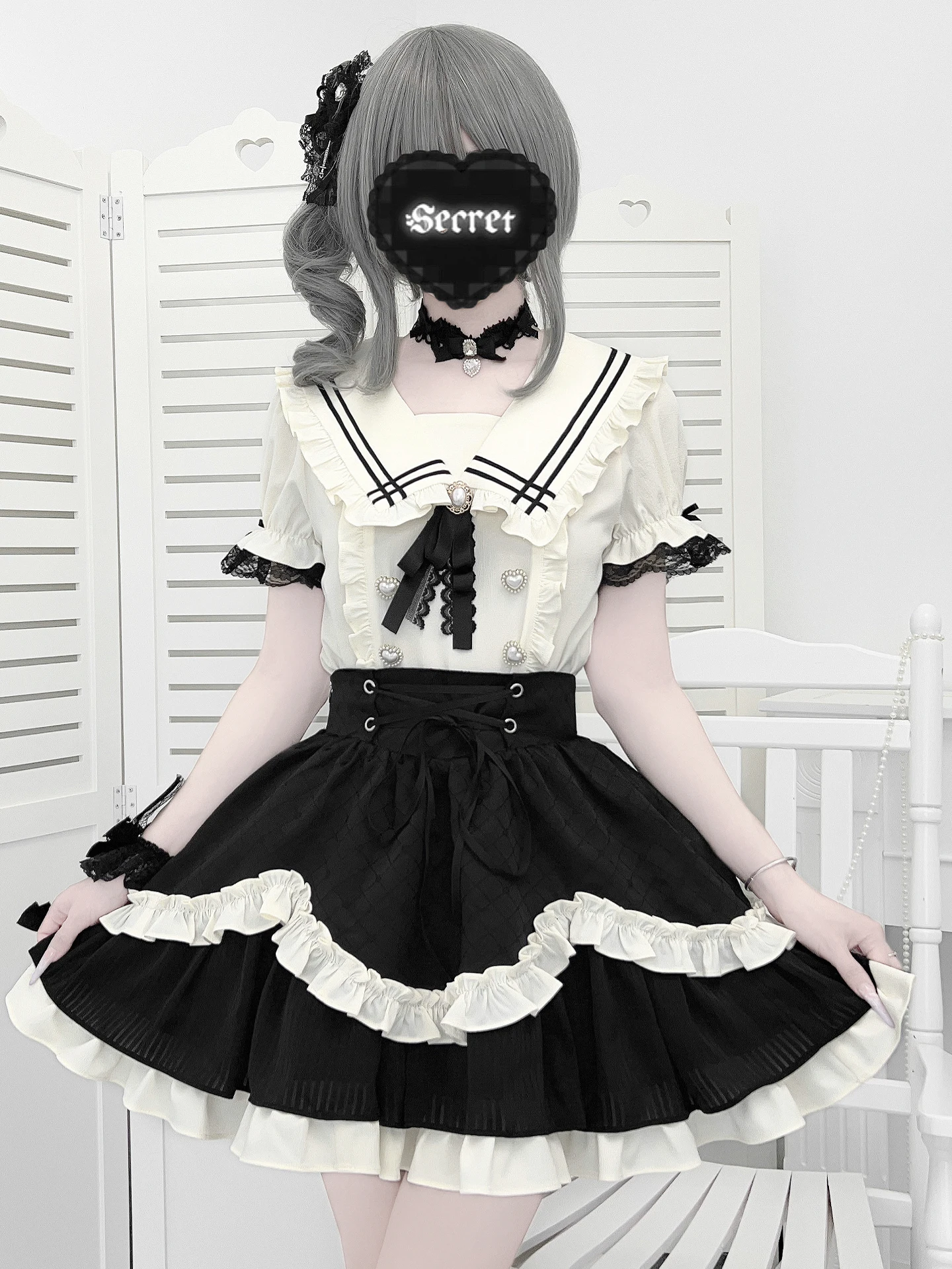 Estilo japonês produzido em massa subcultura gola marinha manga bufante coração botão camisas cintura alta saia de renda conjunto de duas peças feminino