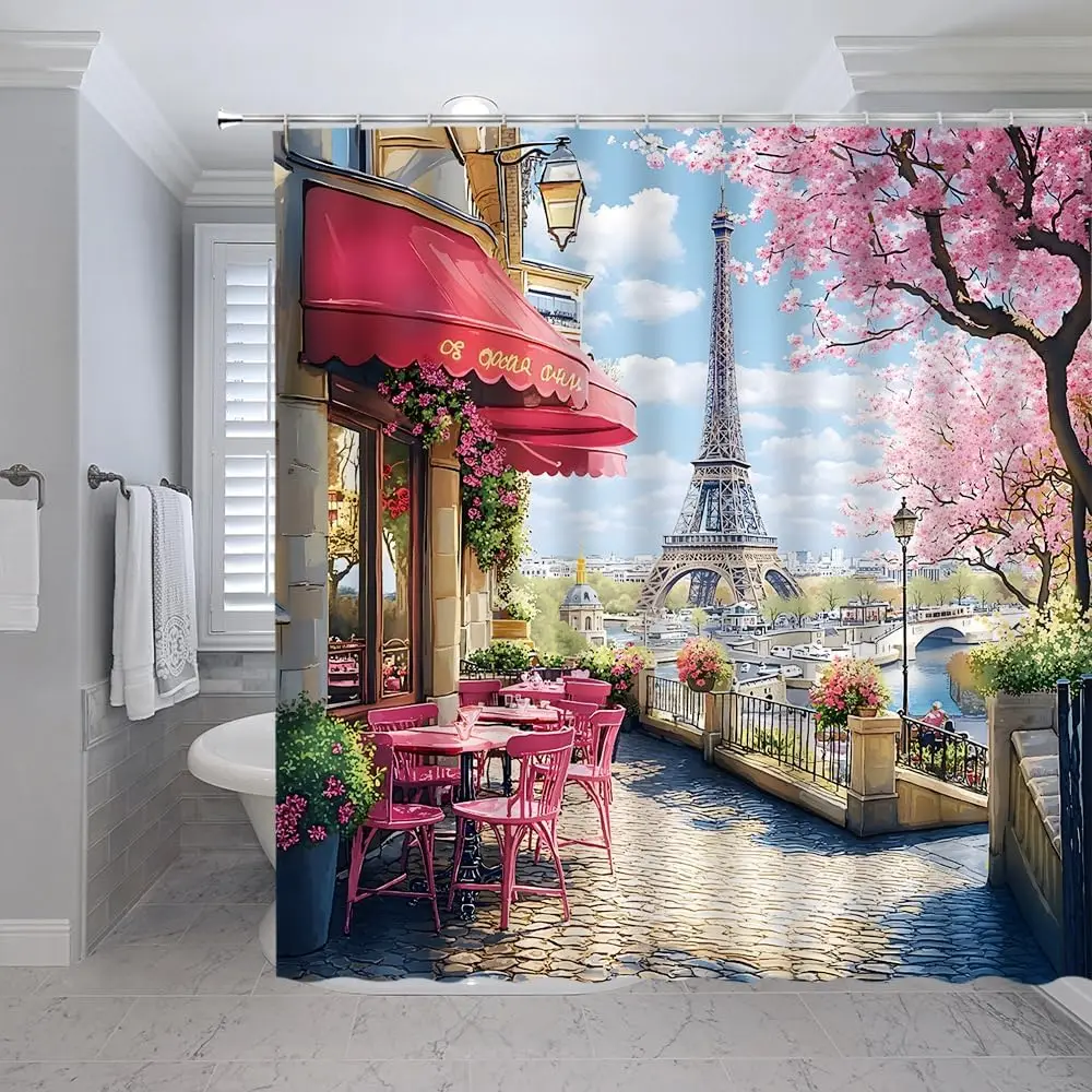 Aesthetic Paris Eiffel Tower Shower Curtain Pink Floral Cherry Blossom Waterproof Polyester Liner Bathroom Decor Home Romantic S