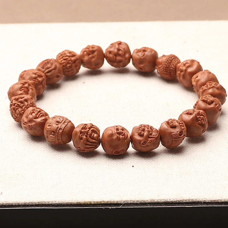 Natural Pattern Peach Stone Bead Bracelet With Eighteen Arhats, Single Strand, Patinaed Buddhist Beads