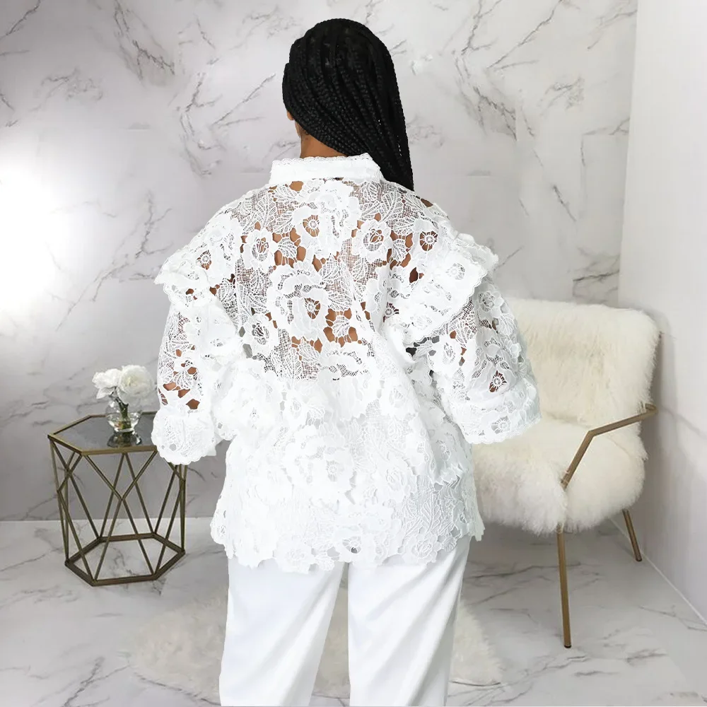 Women Elegant Lace See Though Ruffles Lantern Long Sleeve Floral Shirt and Blouse Tops Dashiki African Shirts