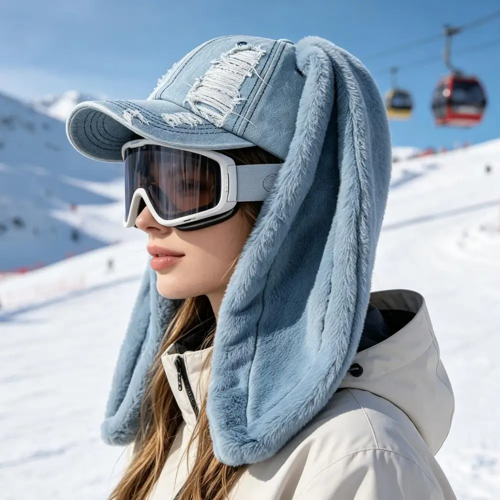 Baseball Cap with Bunny Ears Plush Ear Winter Cap Baseball Cap with Plush Rabbit Ears Washed Distressed Peaked Hat for Winter