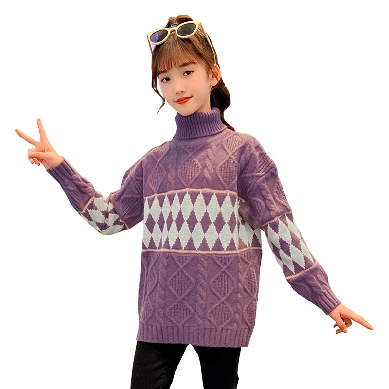 

Children Turtleneck Geometric Pattern Sweater For Girls Purple Color Diamond Knitwear Kids Fashion New Spring Knitted Clothing