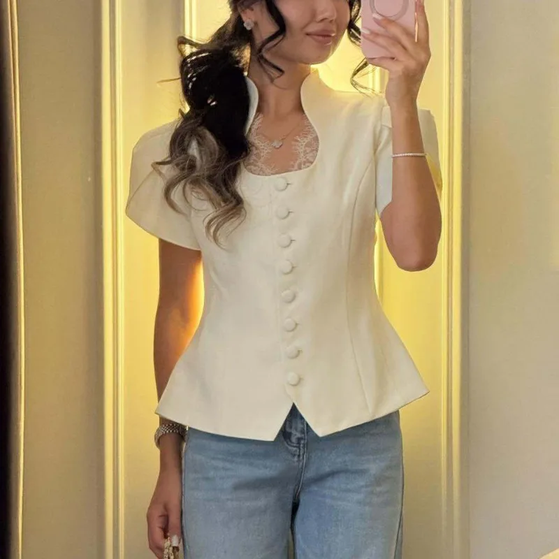 Fotografia 7: Blazer Feminino Tuularose com Renda e Patchwork, Jaqueta de Manga Curta, Casual e Elegante para Primavera e Verão