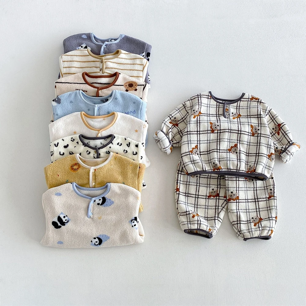 Winter Pajamas for Children Cartoon Panda Kids Pajamas Warm Boys Sleepwear Fleece Padded Girls Homewear Set
