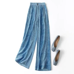 Women Pants 100% Mulberry Crepe Silk 16 momme Blue Jeans Printed Pocket Wide Leg Fashion Long Trousers Elastic Waist MM858