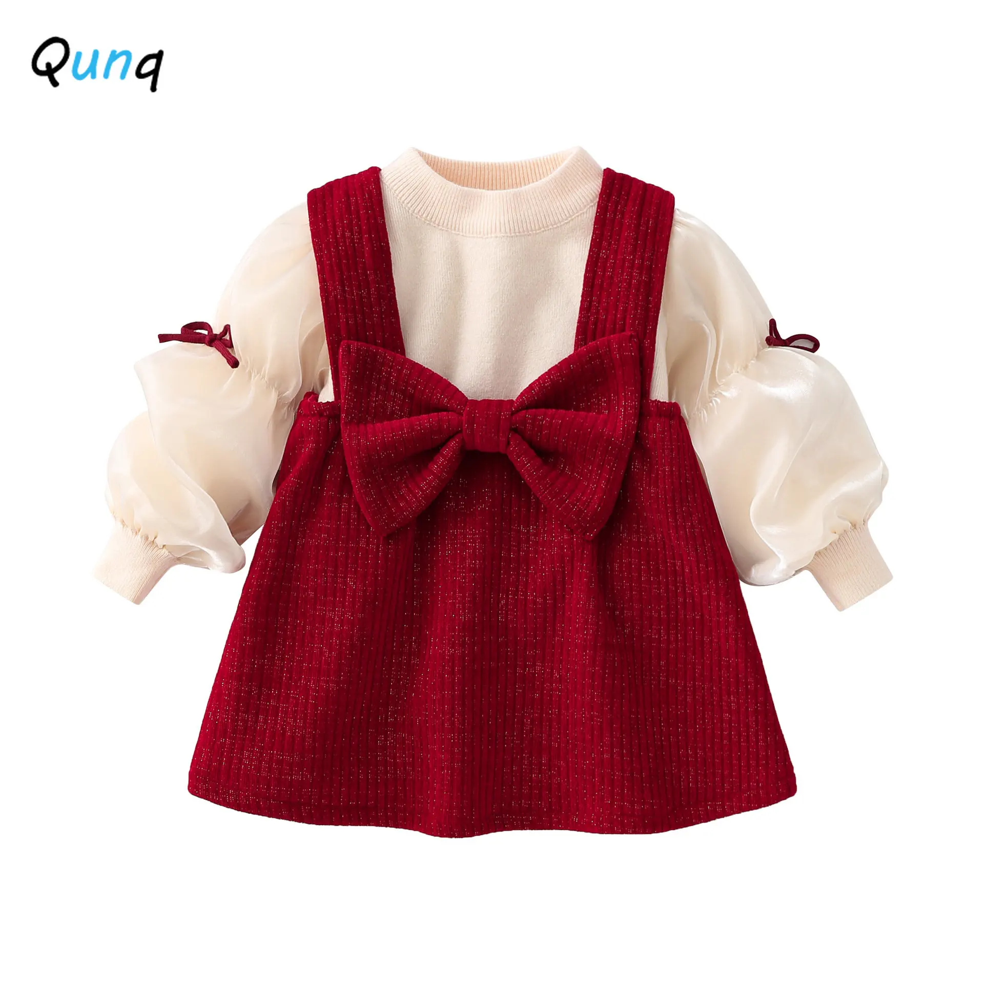 

Qunq Spring Girls Solid O Neck Lovely Lantern Sleeve Pullover Top + Suspenders Skirt 2 Pieces Set Casual Kids Clouthes Age 1T-3T