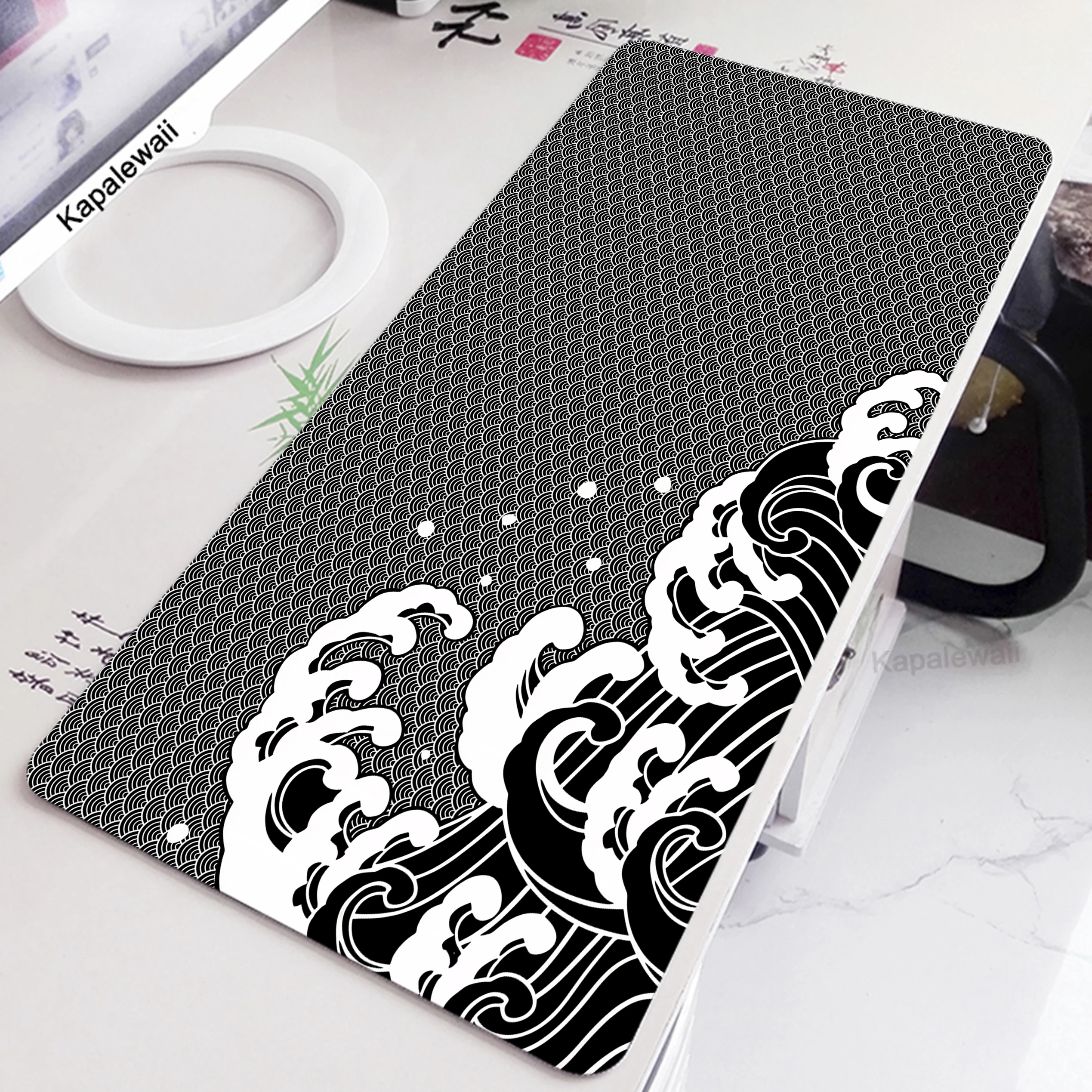 

Japanese Great Off Wave Mouse Pad XXL Locking Edge Mouse Mat Gaming Mousepad Black and White Desk Mat Table Carpet Keyboard Pads