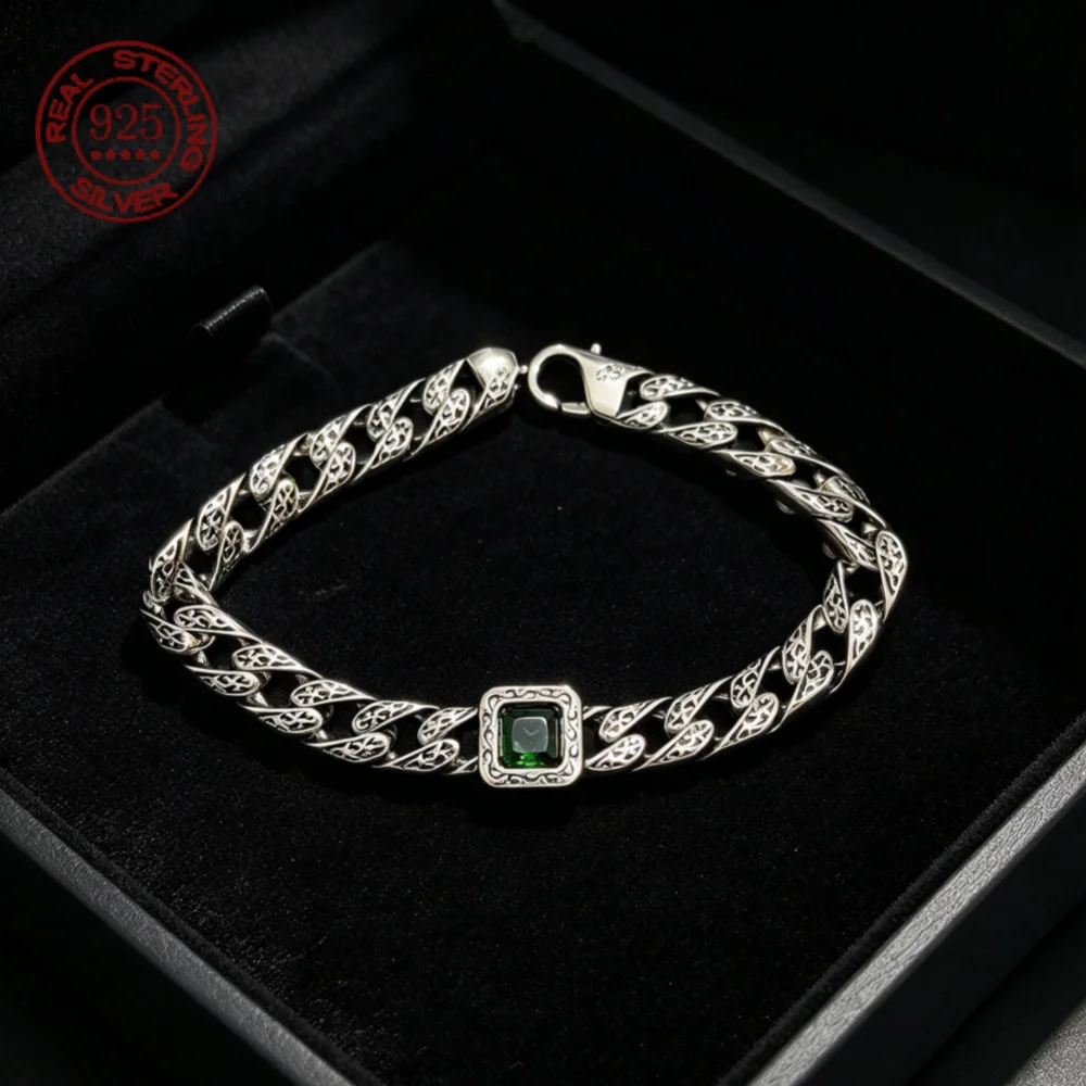S925 Sterling Silver Retro Engraved Cuban Chain Bracelet Men Inlaid Square Gem Gothic Punk Accessories