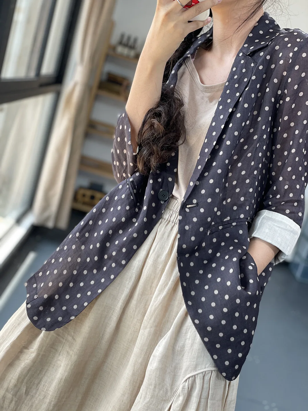 Retro katoenen linnen pak Jaet Dames Zomer Los Casual Lichtgewicht Zonbescherming Top Eén knop Lange Sve Normale lengte