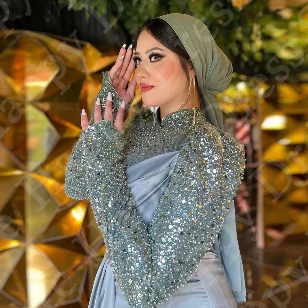 Sparkly Sequin Luxury Evening Dress Muslim Arab Dubai Islam Women Sheath Satin Ankle-Length High Neck Long Sleeves Party Dress