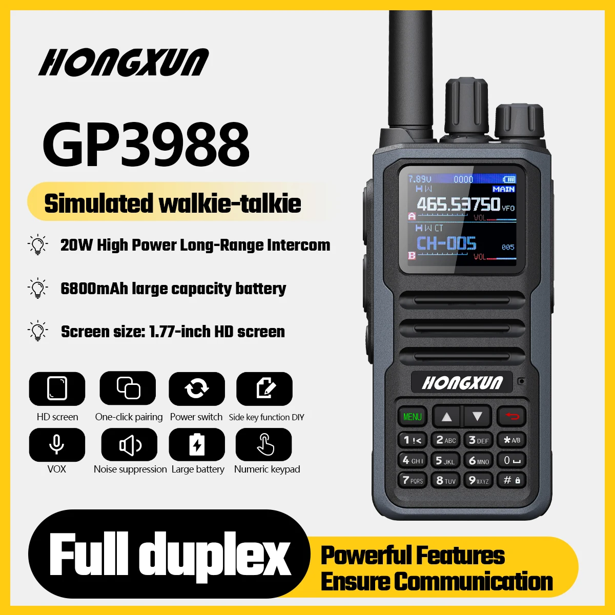 

GP3988 20W High-Power Walkie Talkie Noise Reduction Reverse Charging Vhf Uhf Dual Band Radio For 20W