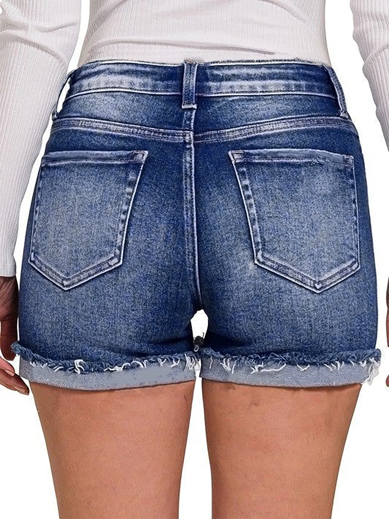 Damesjeans met gescheurde ruwe rand en schedelprint, punkstijl, zelfkrullende, gewassen denim shorts