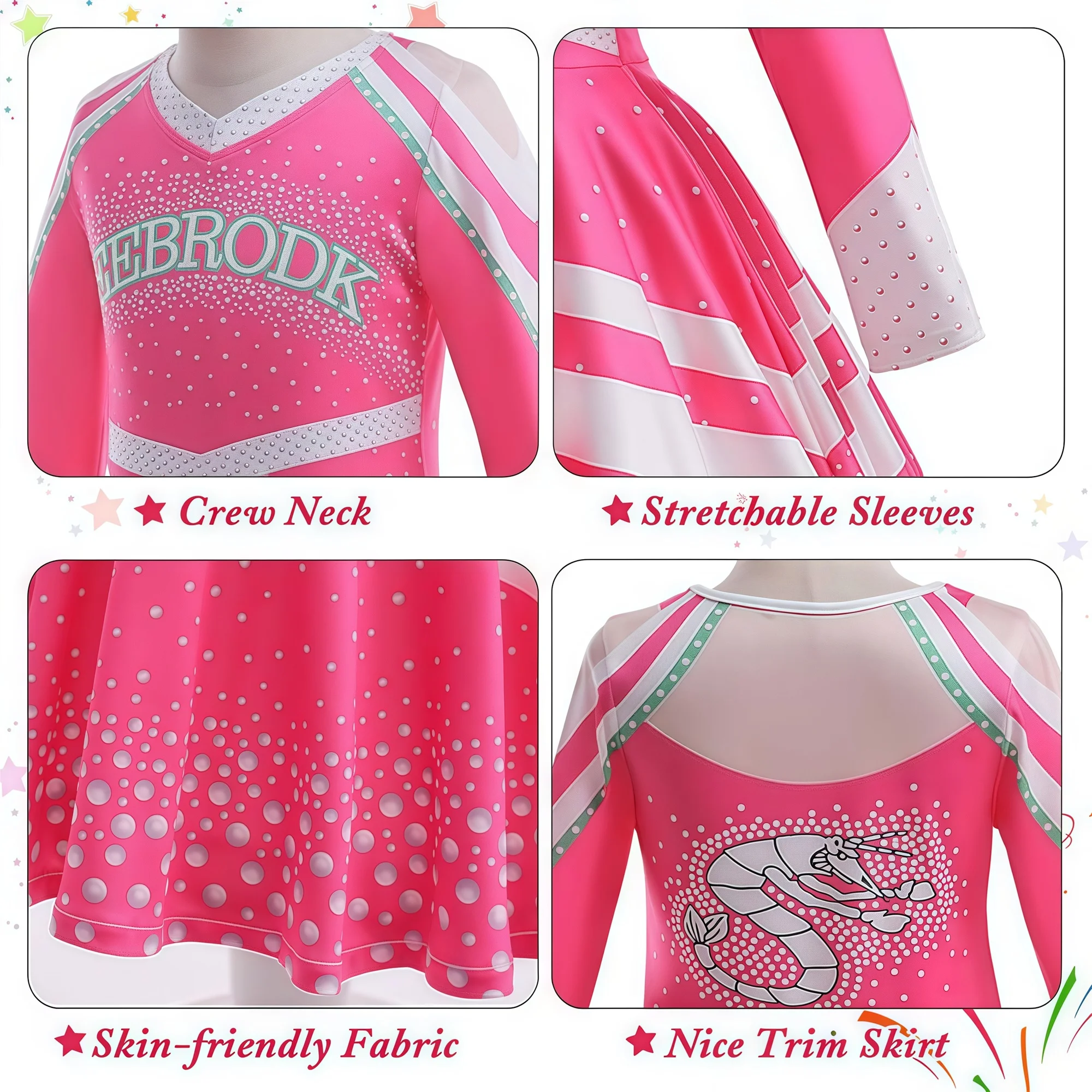 Girls Zombies Cheerleader Dress Up Outfit Pink Long Sleeve Print Dress For Children Halloween Cheer Uniform School Party Costume