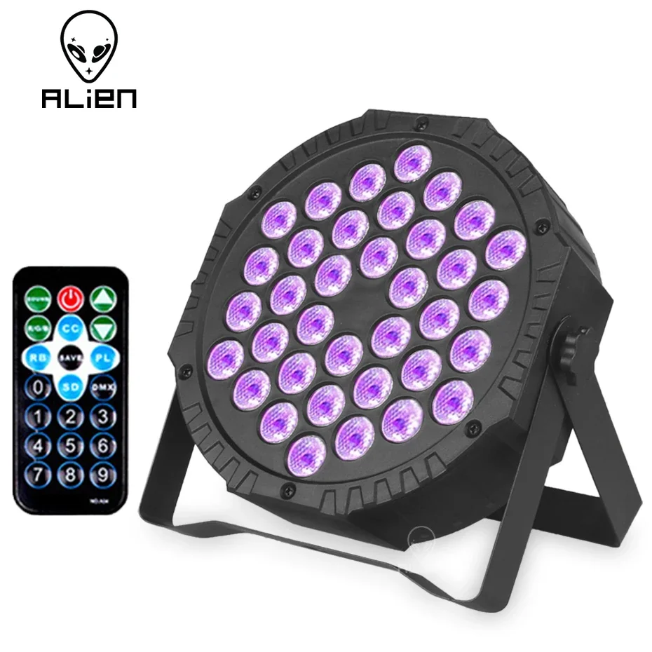 alien 36 led ultravioleta uv preto plana par luz dmx 512 dj discoteca festa feriado natal casamento aniversario som ativado lampada de palco 01